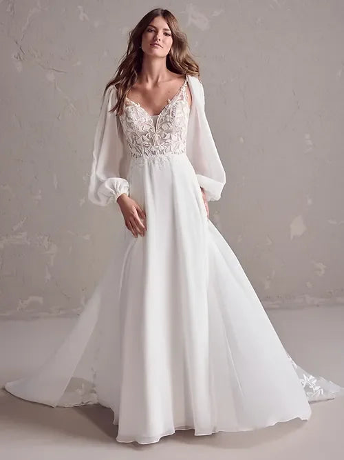 Plus Size Long Sleeve V Neck Lace Applique Custom Boho Bridal Dress