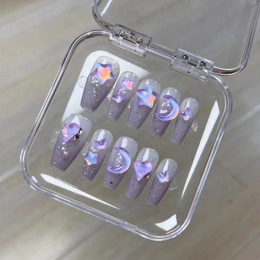 10 uñas postizas desmontables de color crema de azúcar, brillantes, hechas a mano, moradas brillantes, con diseño de luna y estrella 3D. 