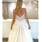 Custom A Line Tulle Wedding Dress With Pearl Beads Spaghetti Strap Scoop Neck