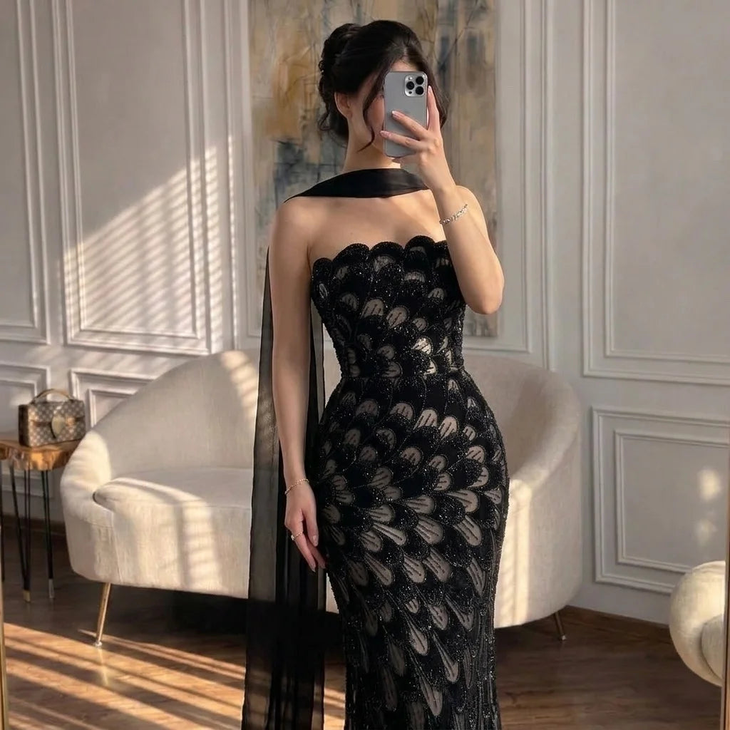 Serene Hill Black Strapless Mermaid Evening Dress With Scarf Formal Gown