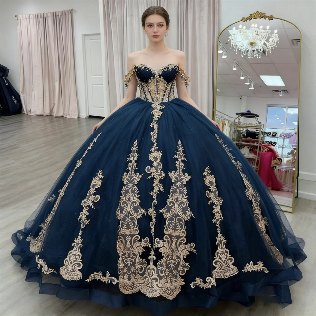 Luxury Navy Blue Cap Sleeve Gold Applique Ball Gown Sweep Train Women's Birthday Party Dress Prom 15 16 Quinceanera Customized