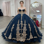 Luxury Navy Blue Cap Sleeve Gold Applique Ball Gown Sweep Train Women's Birthday Party Dress Prom 15 16 Quinceanera Customized