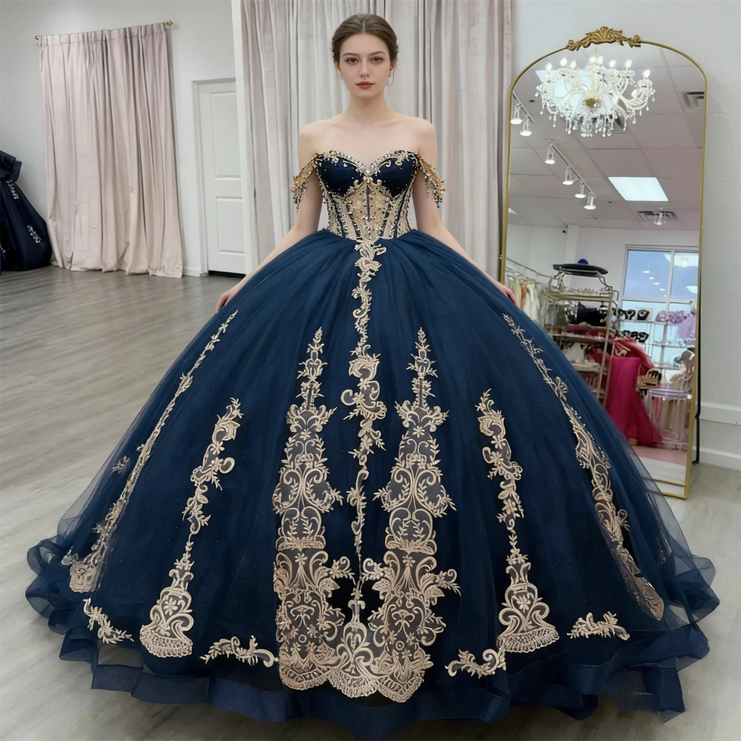 Luxury Navy Blue Cap Sleeve Gold Applique Ball Gown Sweep Train Women's Birthday Party Dress Prom 15 16 Quinceanera Customized