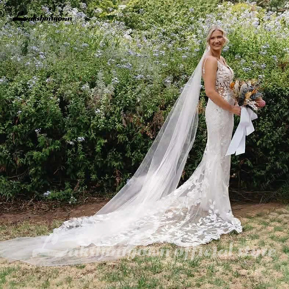 Custom Lace Mermaid Wedding Dress With Deep V Neck And Train