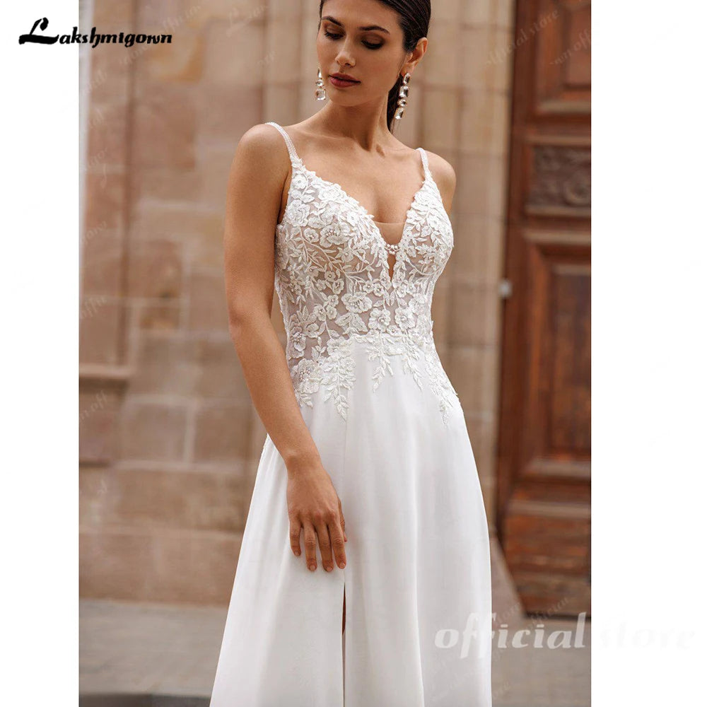 Lakshmigown Boho Off Shoulder Lace Chiffon V Neck Wedding Dress