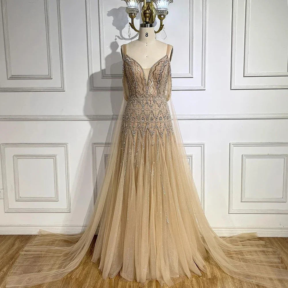 Customized Nude A Line Midi Prom Dress Glitter Beaded Evening Party Gown