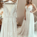 Boho Lace Applique Wedding Dress With Plunging V Neck For Beach Brides