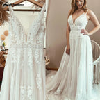 Boho Lace Applique Wedding Dress With Plunging V Neck For Beach Brides