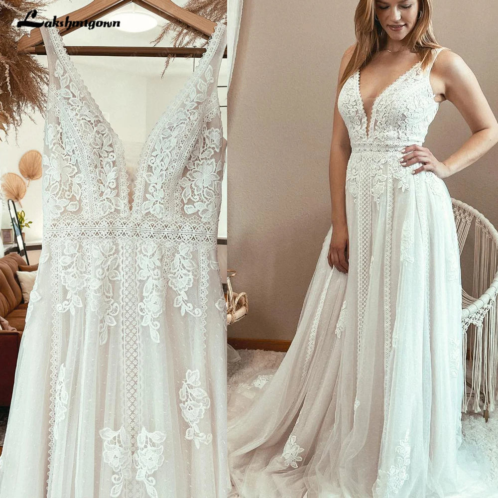 Boho Lace Applique Wedding Dress With Plunging V Neck For Beach Brides
