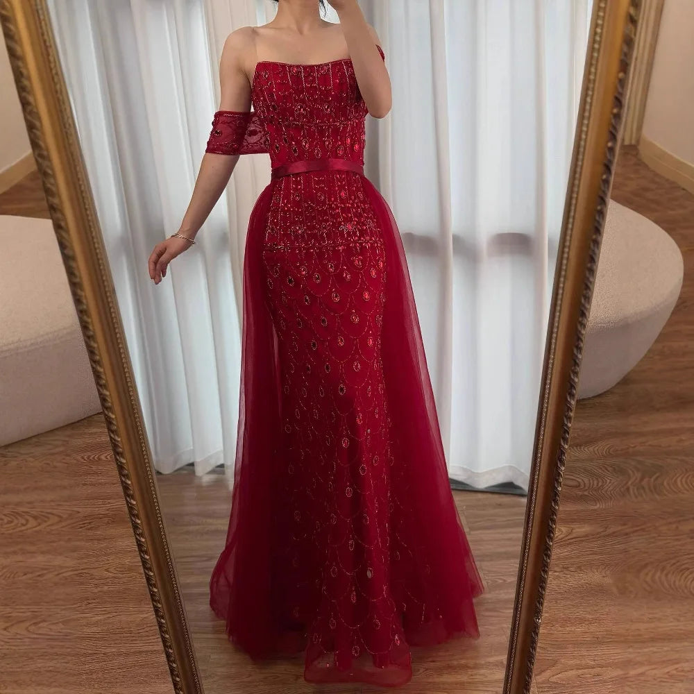 Customized Red Off Shoulder Mermaid Beaded Evening Dress For Women