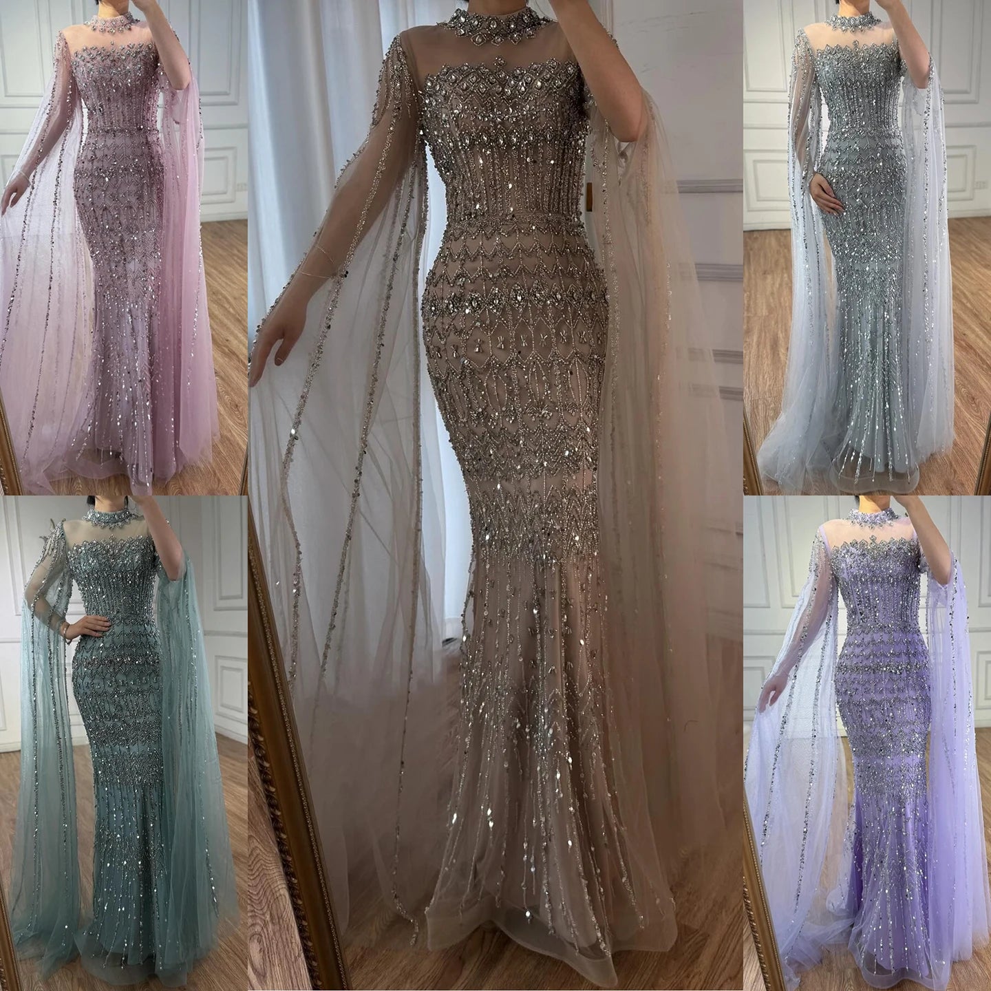 Blue Beaded Evening Dress With Cape Sleeves Custom Formal Gown For Women
