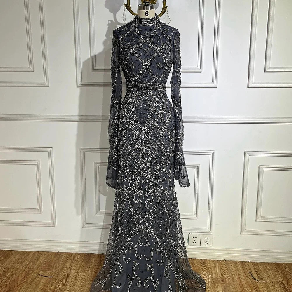 Customized Gray Mermaid Evening Dress With Cape Sleeve Beaded Gown