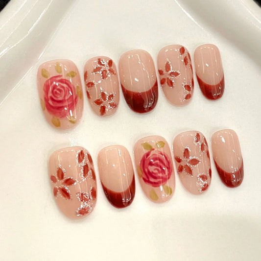 10 uñas postizas románticas de rosas hechas a mano con diseños de flores rojas pintadas a mano, uñas postizas cortas estilo almendra francesa. 