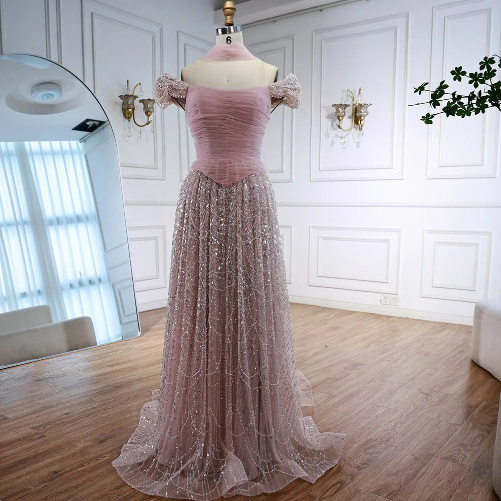 Vestido de Noite de Luxo com Pérolas Cor-de-Rosa Árabes Engastadas e Capa LA72922