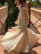 Elegant Lace Mermaid Maxi Dress Spaghetti Straps Backless Evening Gown