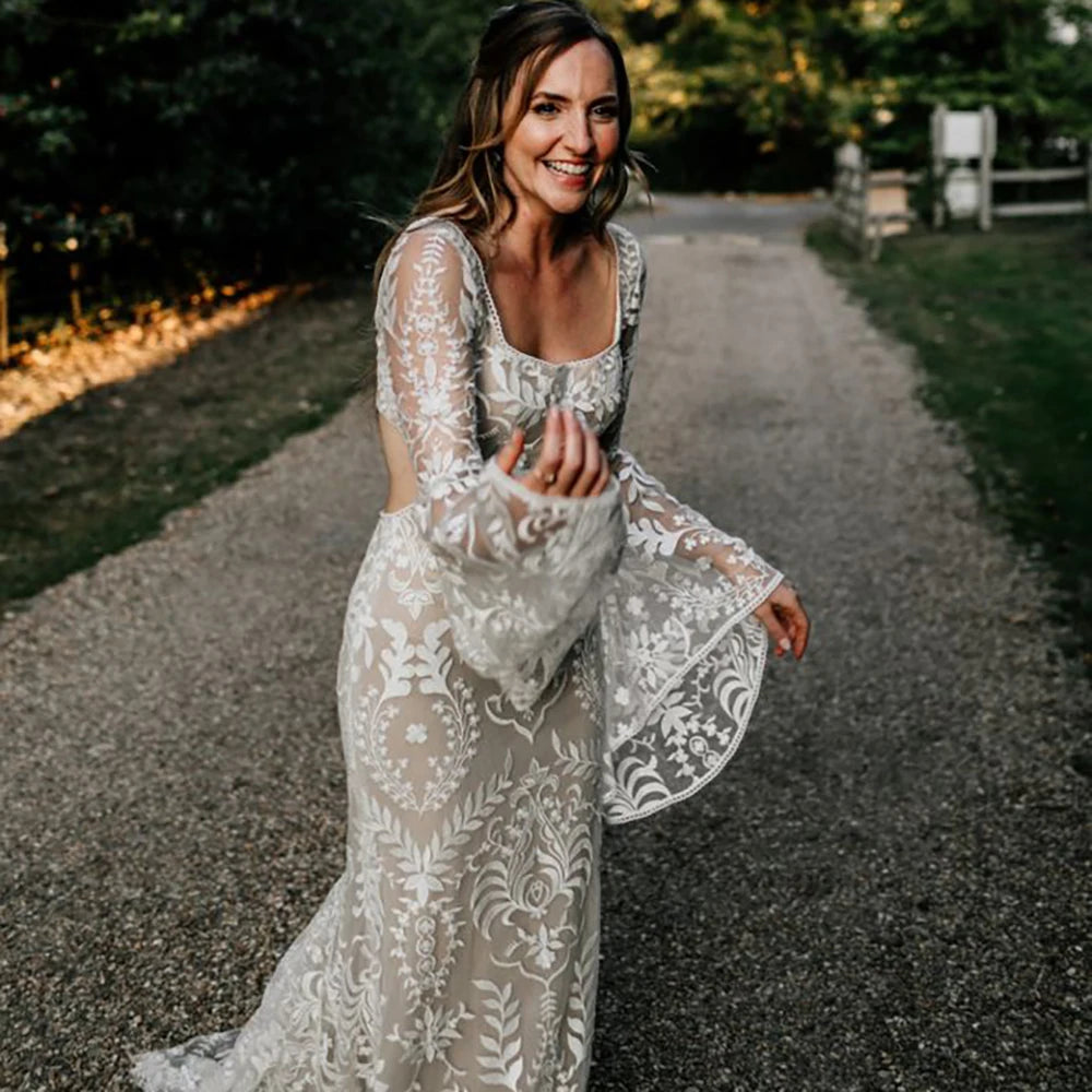 Custom Boho Lace Wedding Dress Rustic Beach Square Neck Batwing Sleeves Gown