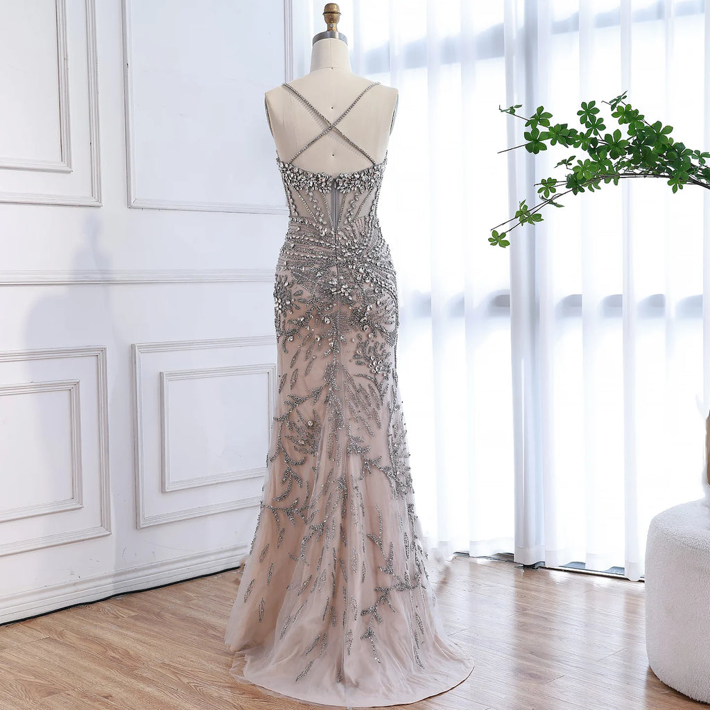 Custom Silver Beaded Mermaid Evening Dress With Cape Wedding Gown