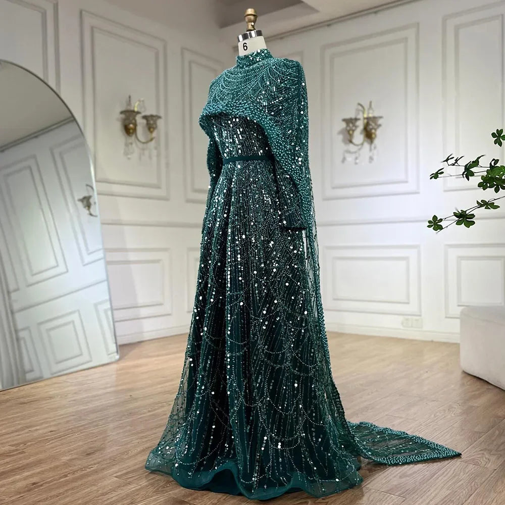 Custom Green Long Sleeve A Line Evening Cape Wedding Party Dress For Women