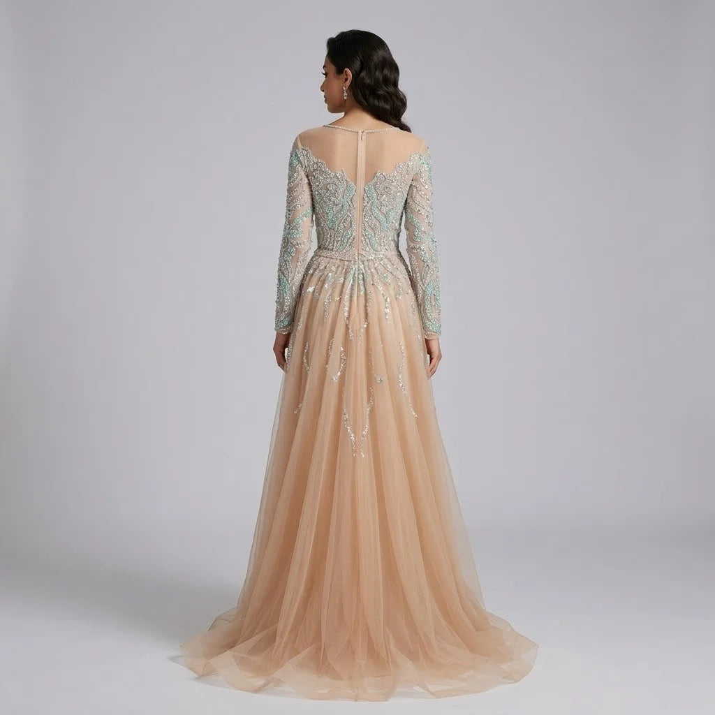 Serene Hill Nude Mermaid Long Sleeve Beaded Evening Dress For Women