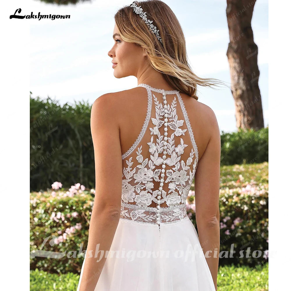 Lakshmigown Halter Neck Tulle Wedding Dress With Sweep Train And Button Back
