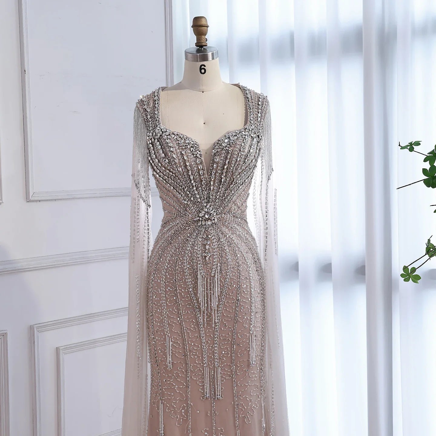 Luxury Caramel Beaded Evening Dress With Cape LA72992A