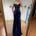 Classy Navy Satin Prom Dress with Lace Beaded and Slit LA73003