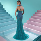 Green Halter Beaded Mermaid Evening Gown With High Split Custom Made For Women