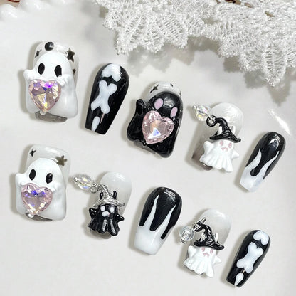 10 uñas postizas con temática de Halloween, diseño 3D de corazón de diablo, uñas postizas redondas cortas de color rosa, hechas a mano. 