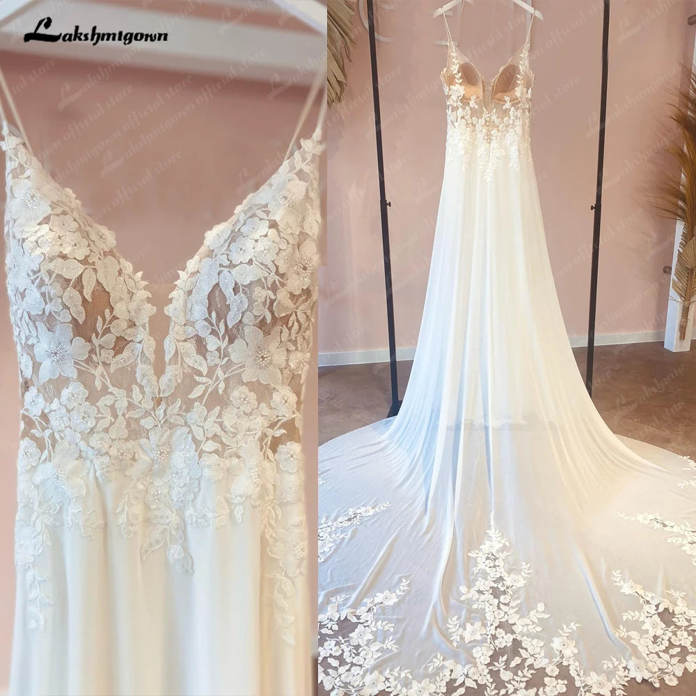Customized Beach Wedding Dress With Vintage Lace Boho Spaghetti Straps