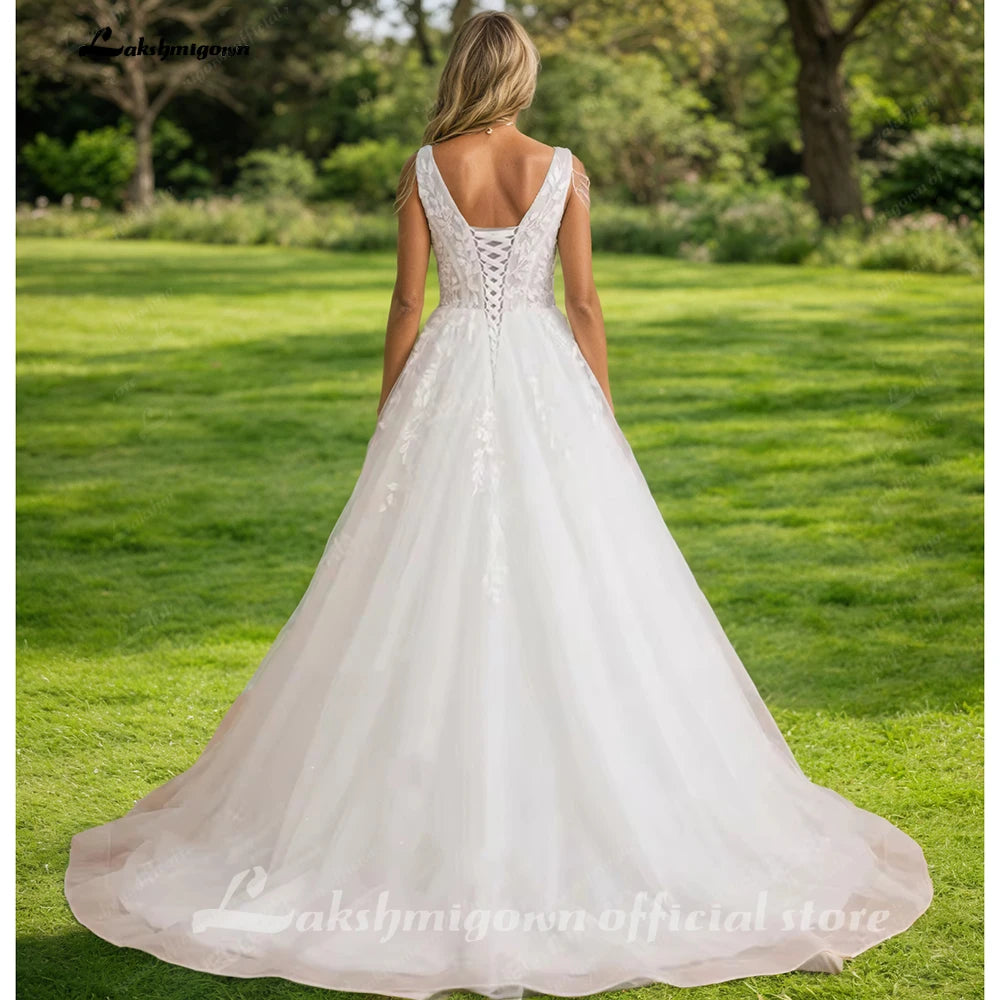 Lakshmigown Custom Beaded V Neck Wedding Dress With Tassel And Lace Up Back