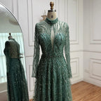 Custom Turquoise A Line Evening Dress With Beaded High Neck Formal Gown
