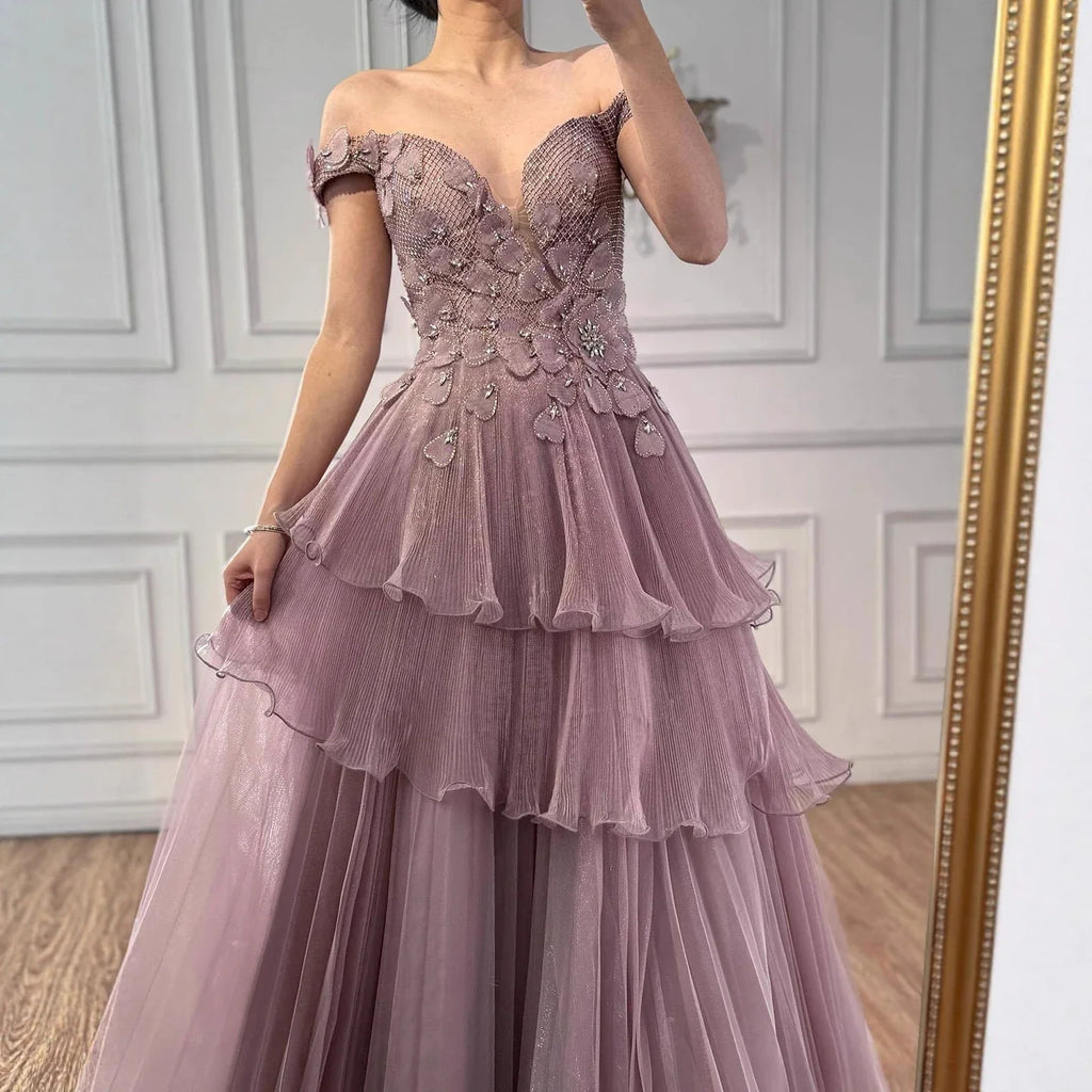 Luxury Pink Dreamy Ruffles Beaded A-Line Evening Dress LA73385