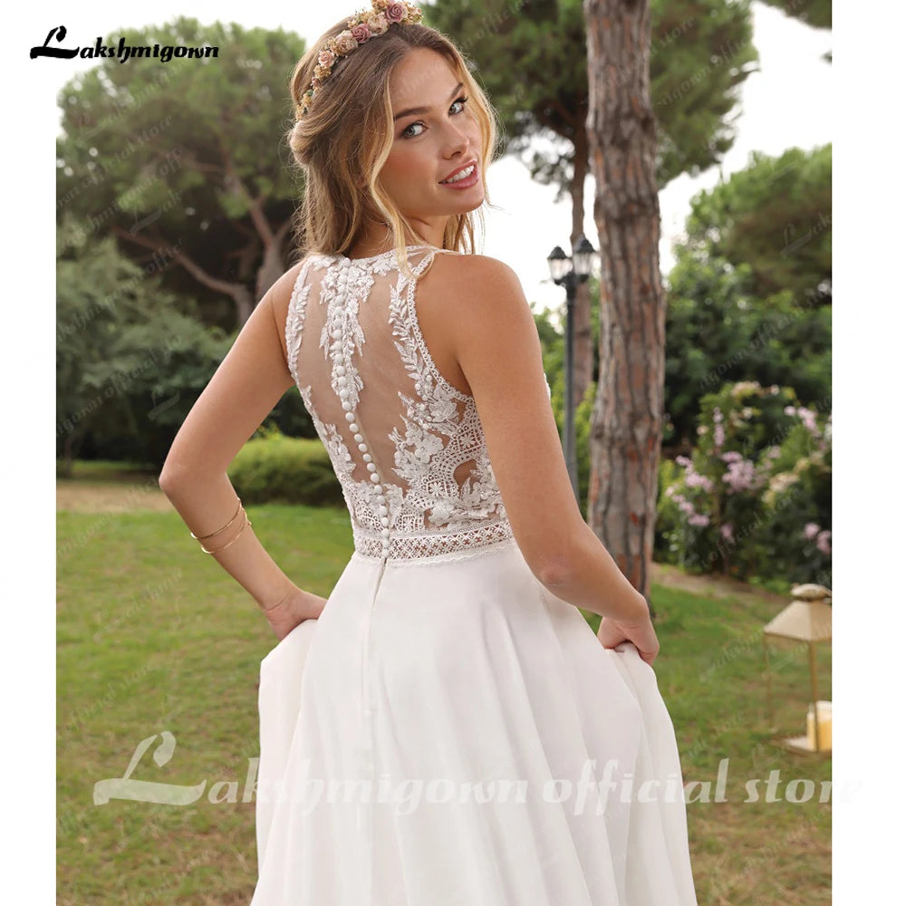 Boho Beach Lace Chiffon Wedding Dress For Bride A Line Sweep Train Custom