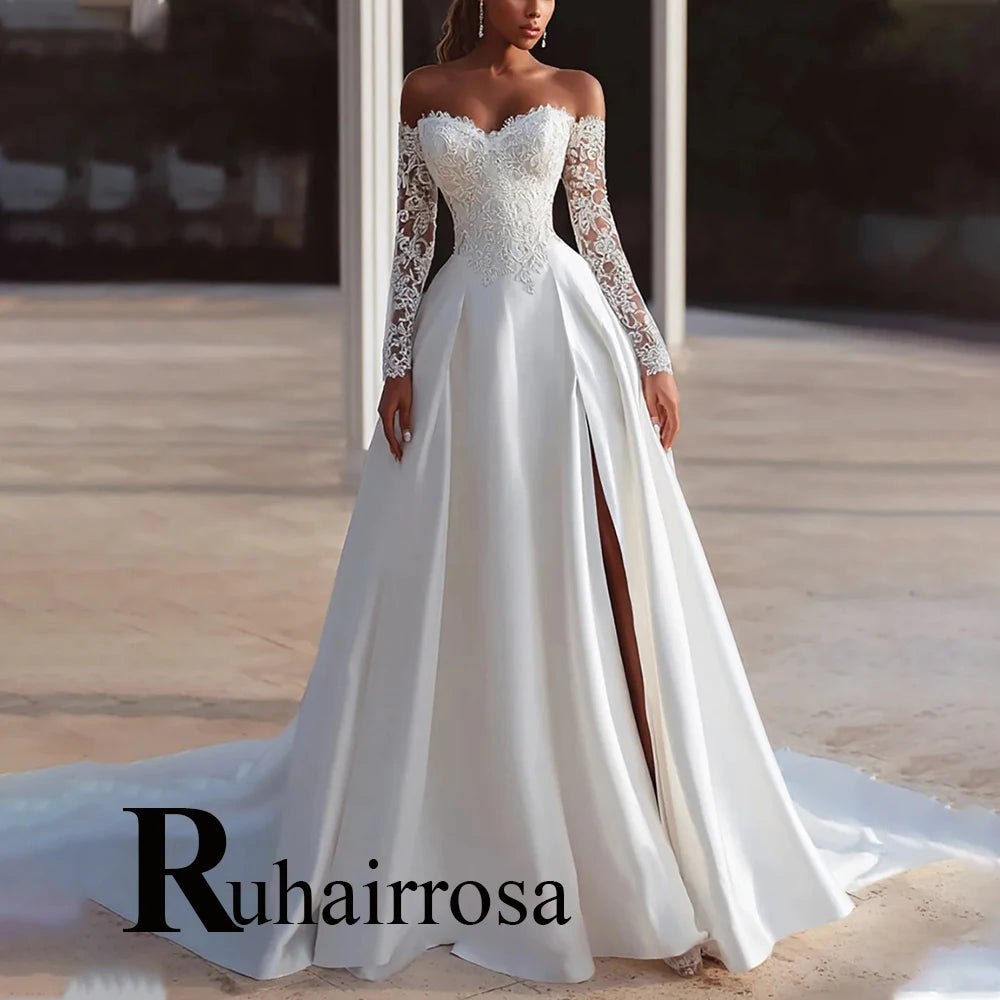 Customized Sweetheart Off Shoulder A Line Wedding Dress With Lace Appliques