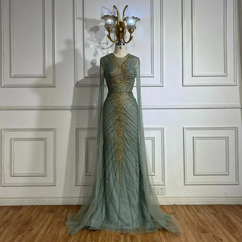 Serene Hill Caramel Beaded Mermaid Evening Gown With Cape Sleeves For Women