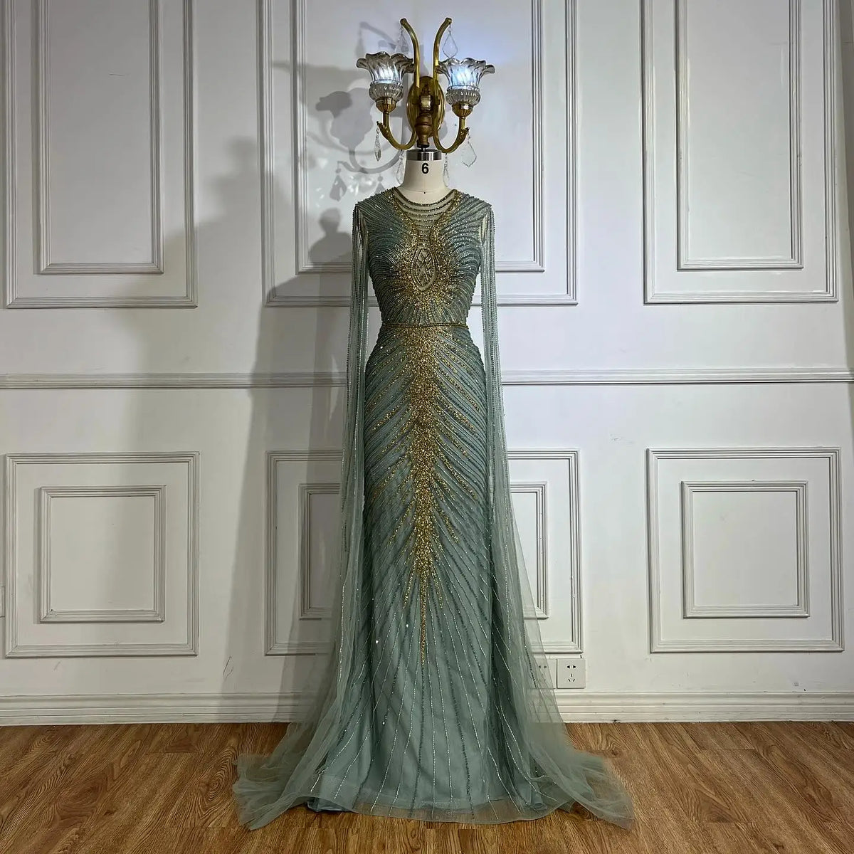 Serene Hill Caramel Beaded Mermaid Evening Gown With Cape Sleeves For Women