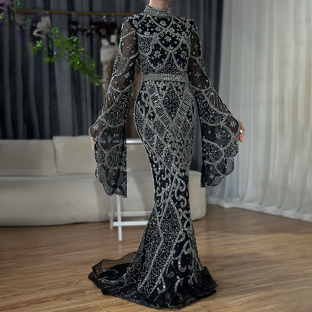 Customized Gray Mermaid Evening Dress With Cape Sleeve Beaded Gown