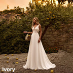 Boho Chiffon Wedding Dress Sleeveless Deep V Lace Sweep Train