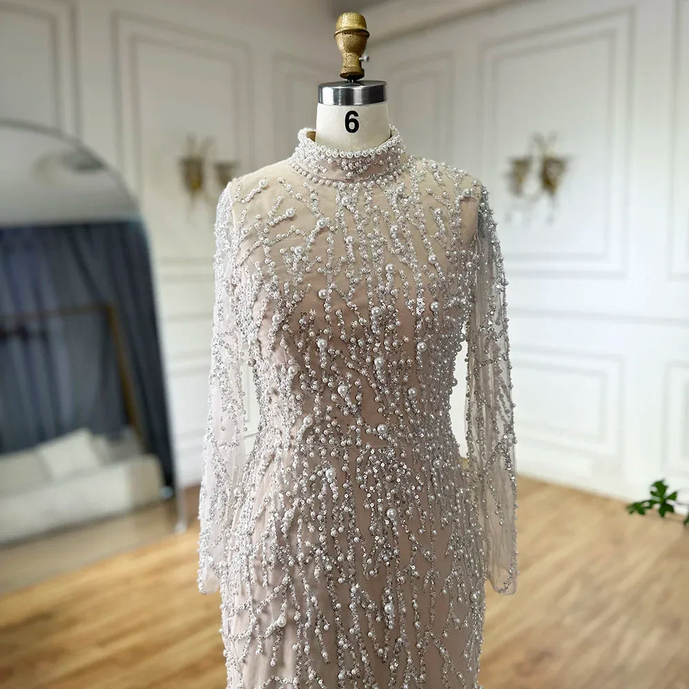 Customized Nude Mermaid Evening Gown Saudi Arabic Beaded Pearl Wedding 2025