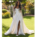 Custom A Line Satin Wedding Dress Off Shoulder Lace Long Sleeve Corset Gown