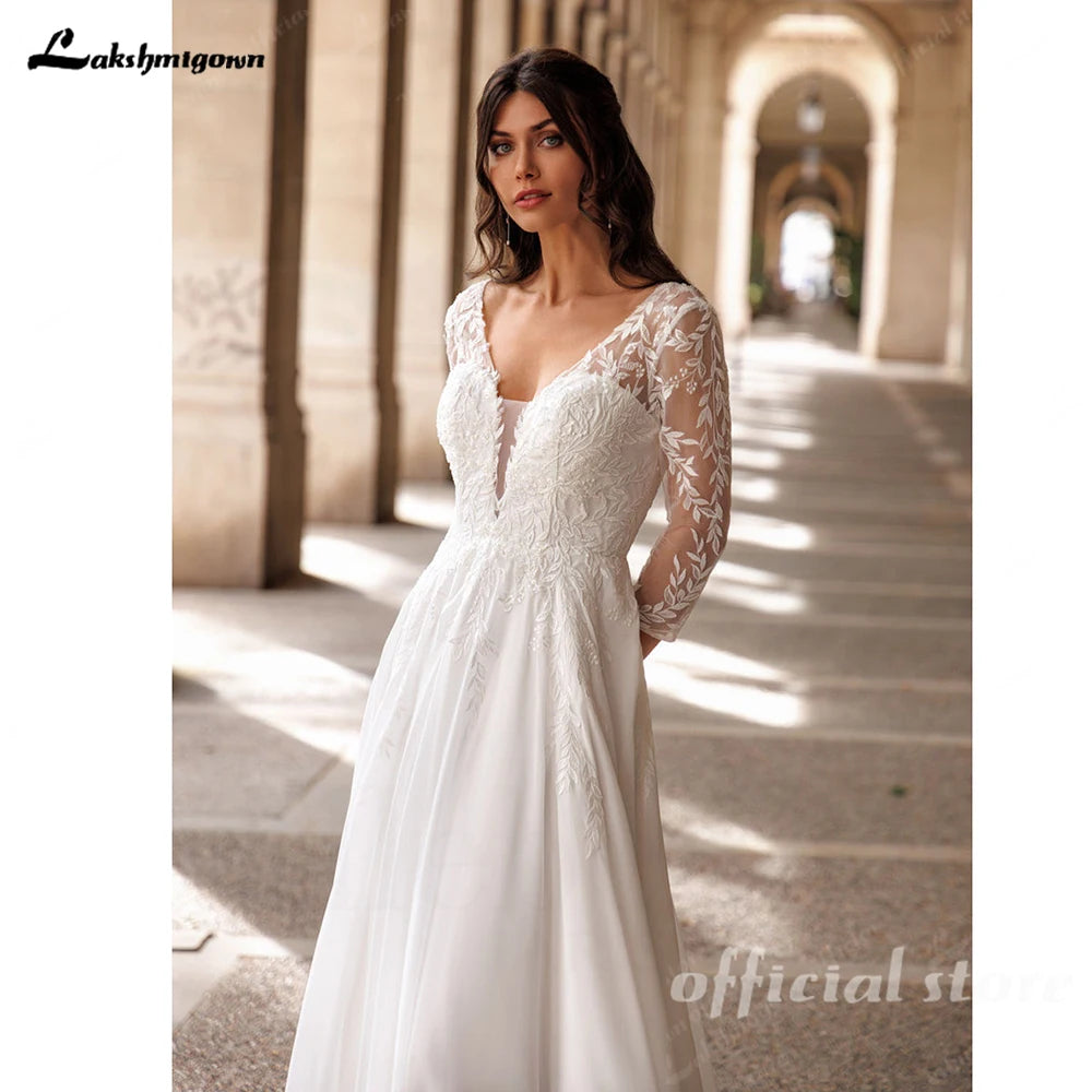 Lakshmigown V-Neck A-Line Lace and Chiffon Boho Beach Wedding Dress Custom