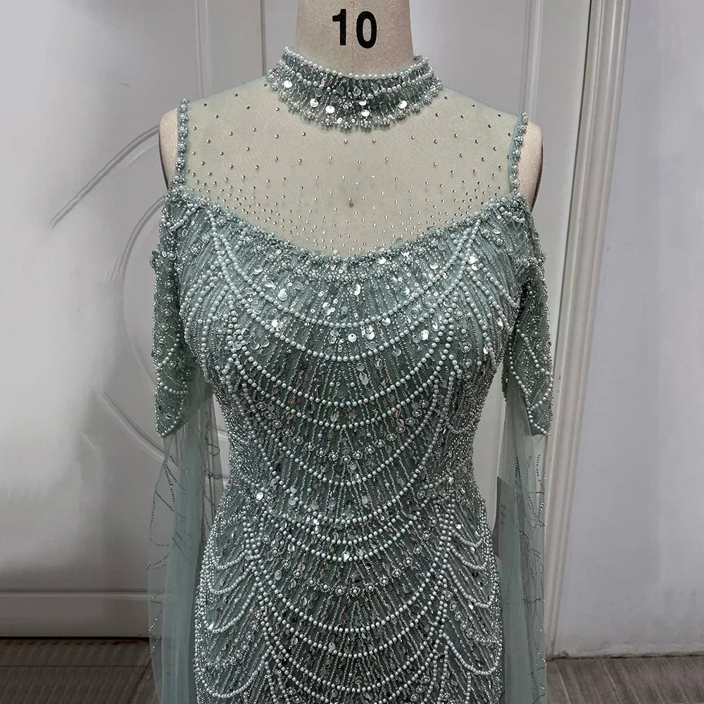 Serene Hill Custom Purple Mermaid Beaded Evening Dress With Cape Sleeves 2025