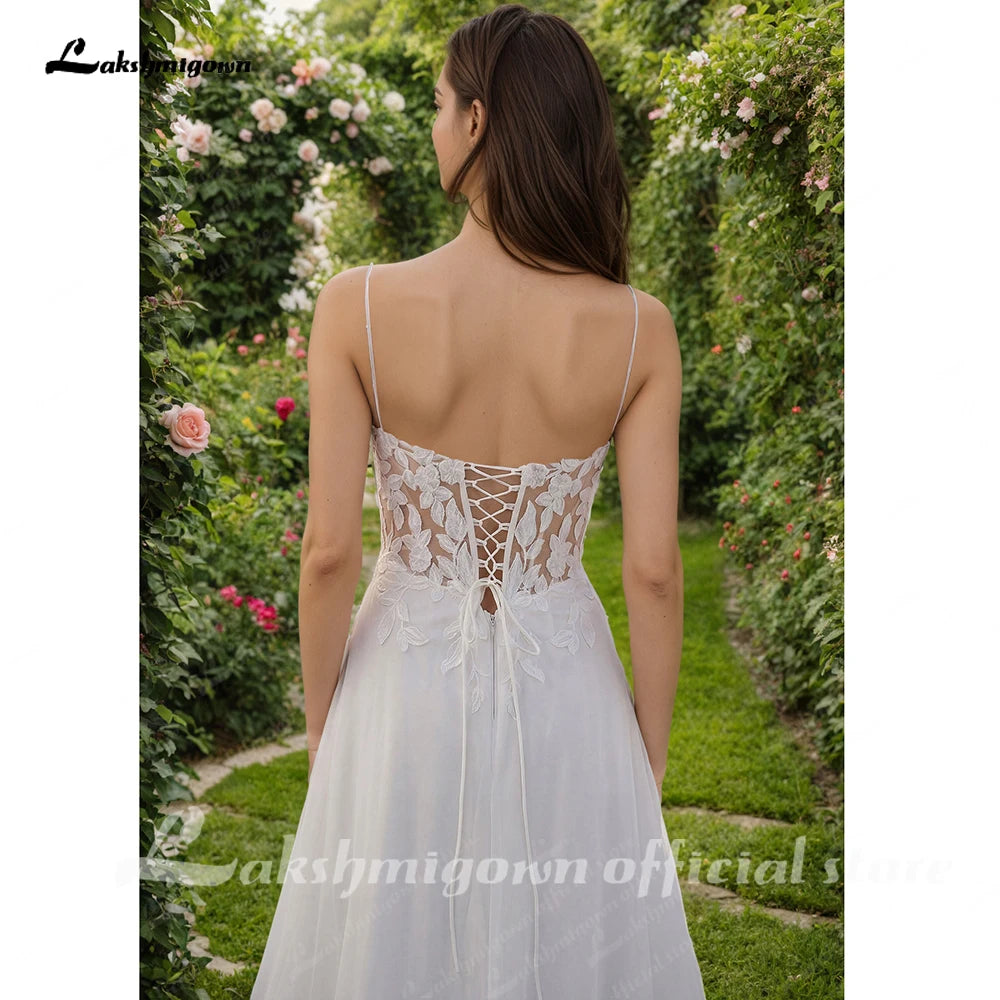 Customized Boho Bridal Gown With V Neck Lace Applique And Spaghetti Straps