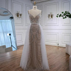 Custom White Nude V Neck Sleeveless Mermaid Beaded Wedding Gown