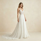 Womens Spaghetti Straps Deep V Backless Wedding Dresses Lace Appliques Chiffon Bridal Gown