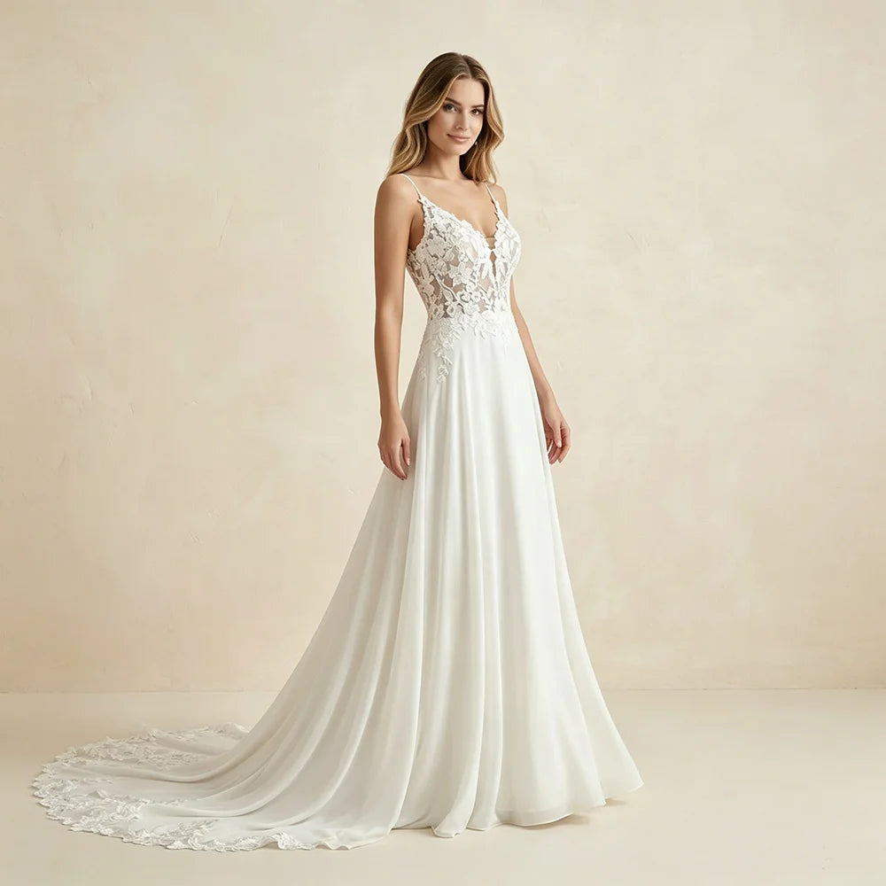 Womens Spaghetti Straps Deep V Backless Wedding Dresses Lace Appliques Chiffon Bridal Gown