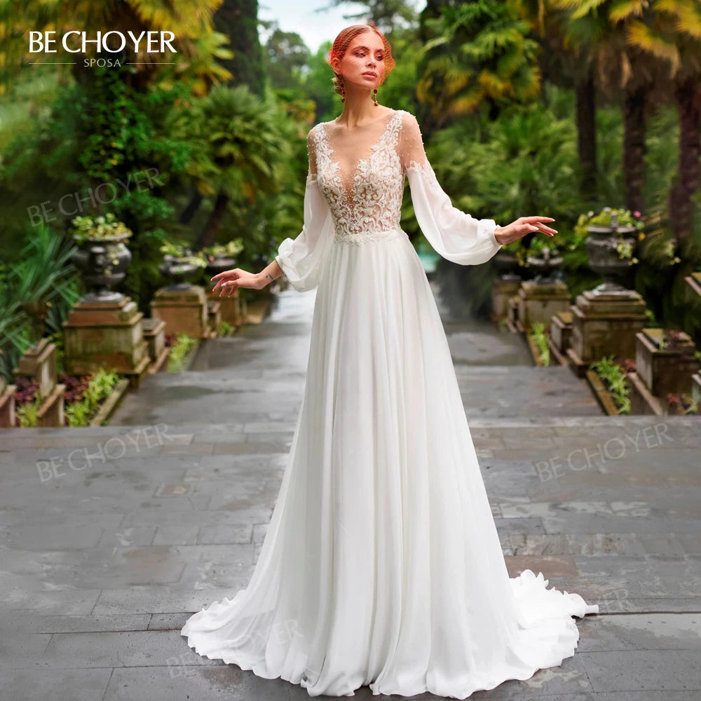 Long Sleeve A Line Wedding Dress With Beaded Appliques Plus Size Gown