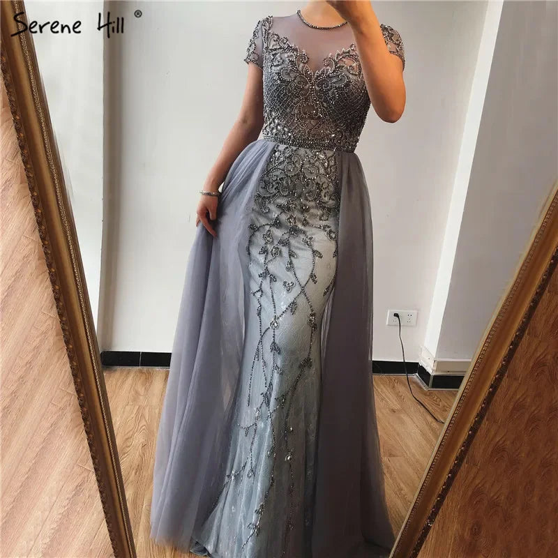 Women Custom Mermaid Evening Dress Beaded Short Sleeve Formal Gown