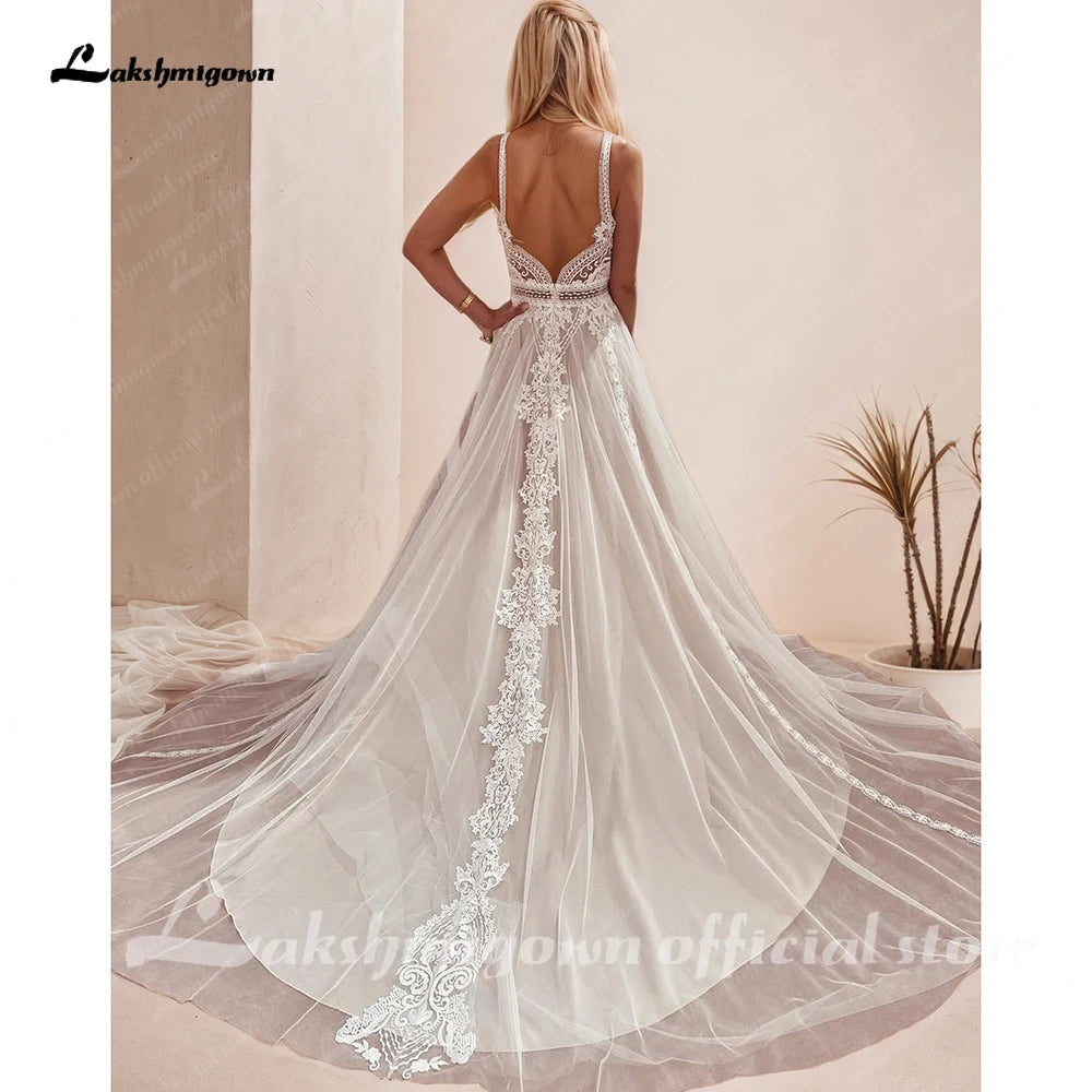 Custom Summer Boho A Line Wedding Dress With Lace V Neck