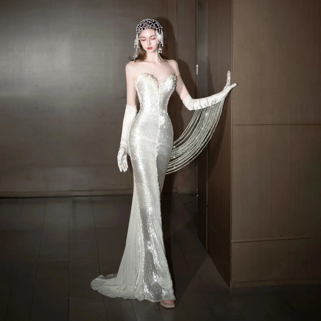 Luxurious Champagne White Sequin Formal Gown Strapless Sweetheart Neck and Sleeveless Evening Gala Gown Red Carpet Prom Dress